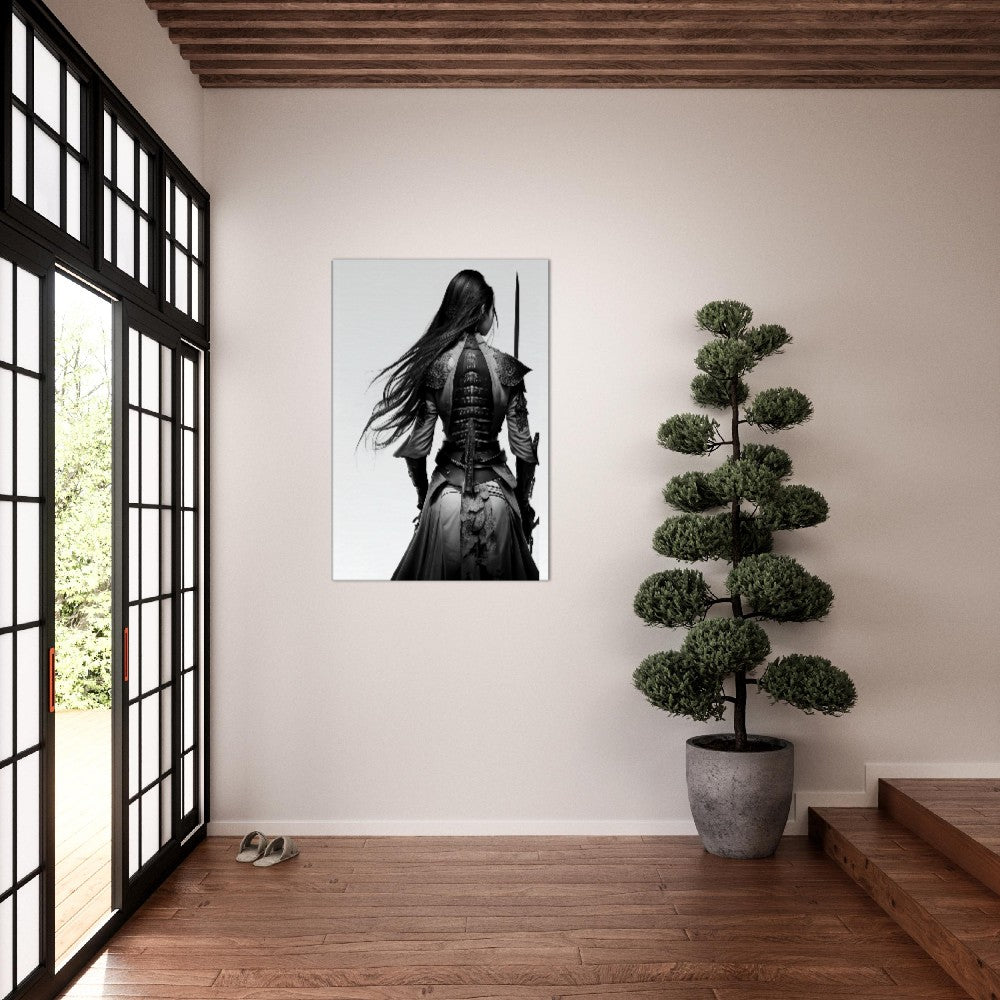 Female Samurai Canvas Art: Black & White Warrior with Sword