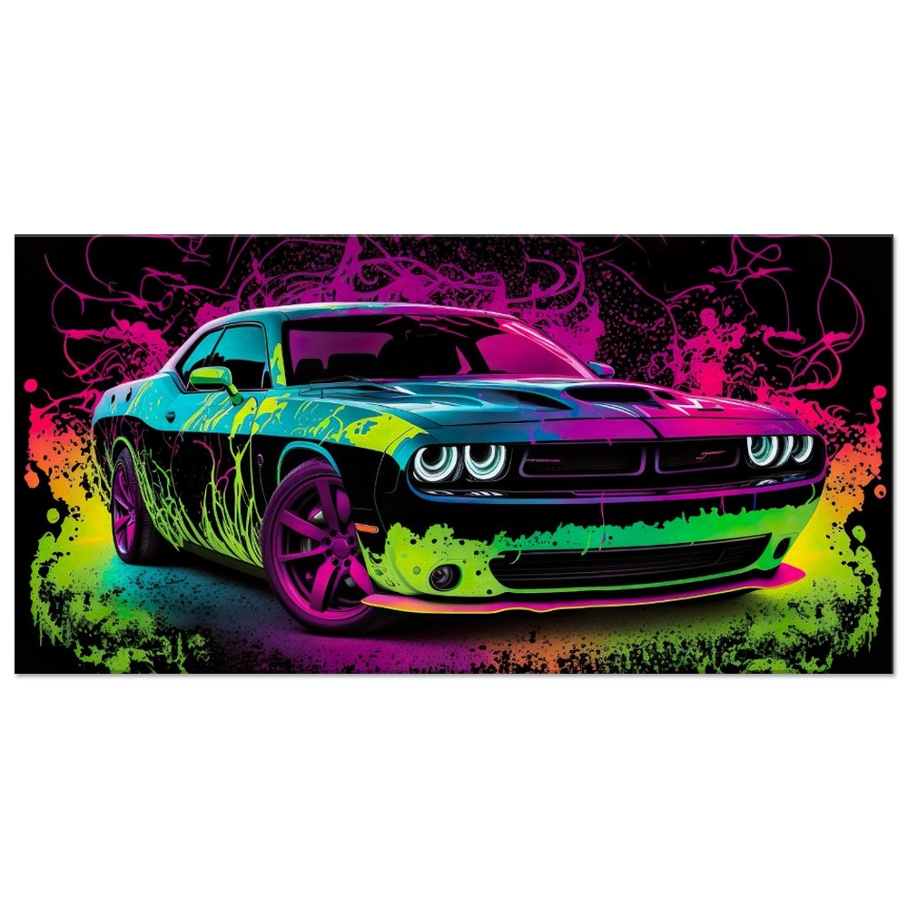 Challenger SRT Hellcat Neon Abstract Canvas Wall Art Great on a Garage, Wall Print, Super Sports Car, Office Sign, Framed Decor, Futuristic