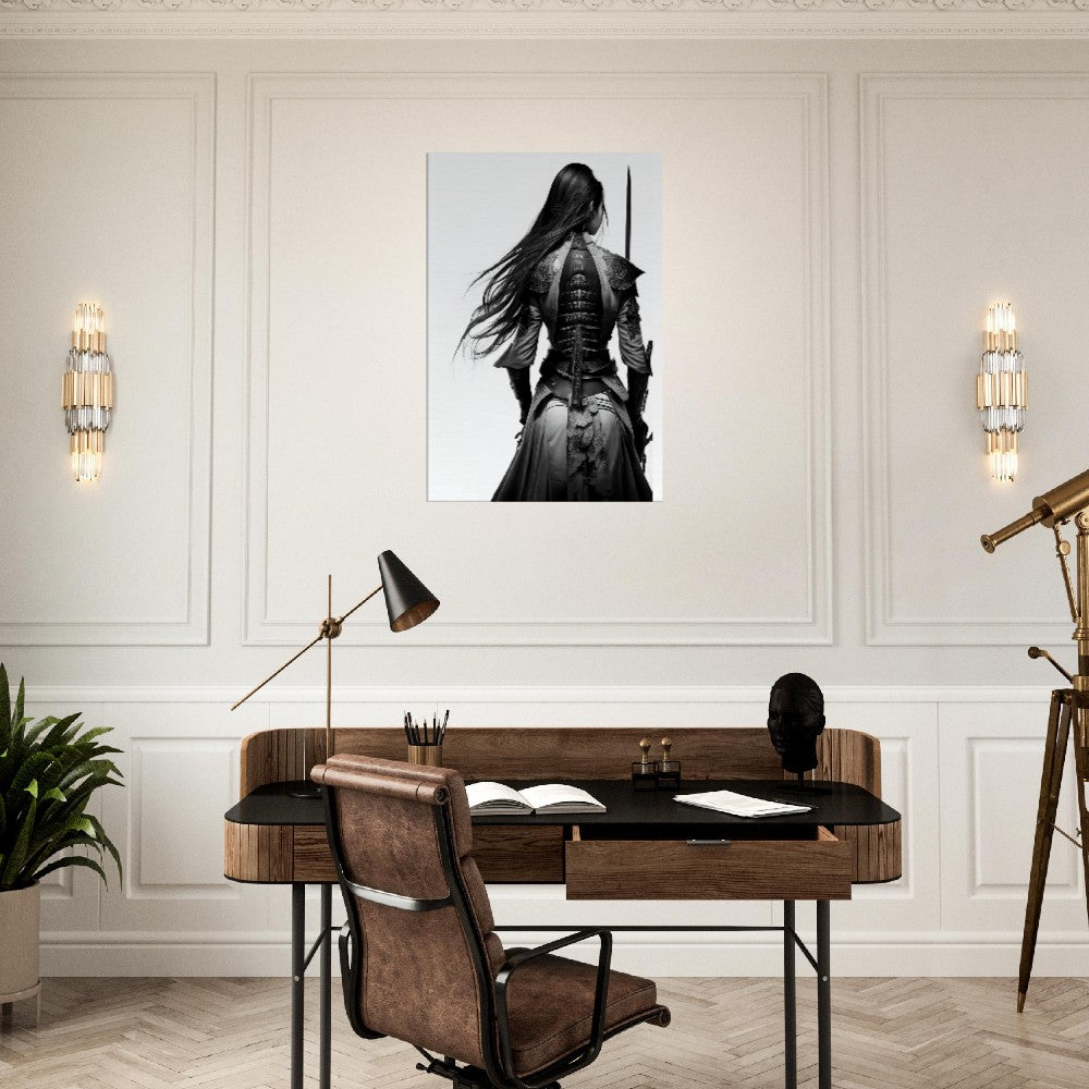 Female Samurai Canvas Art: Black & White Warrior with Sword