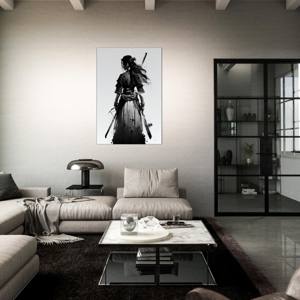 Female Samurai Canvas Art: Black and White Japanese Decor