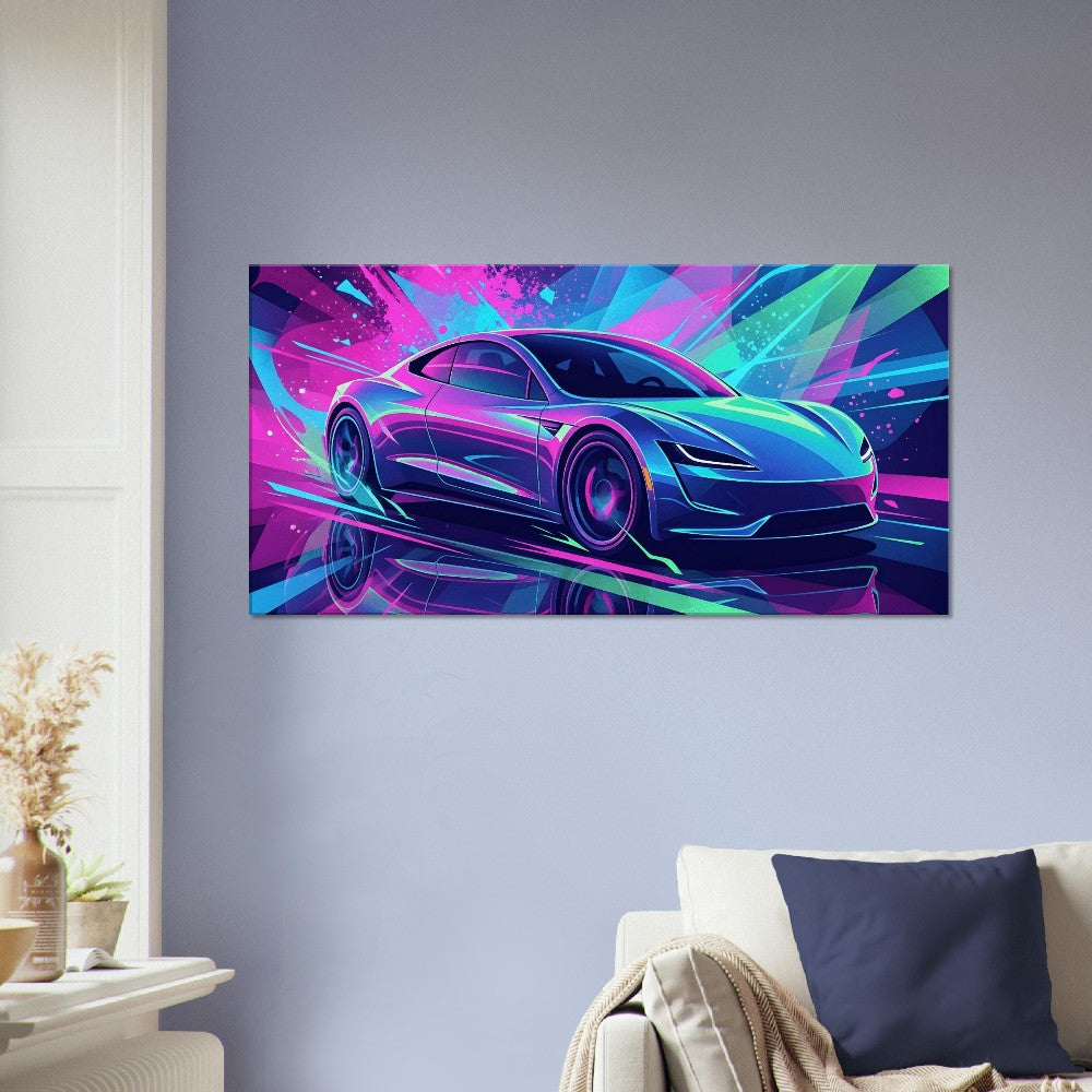Tesla Roadster 2.0 Neon Art | Canvas Print | Wall Decor - Canvas Art