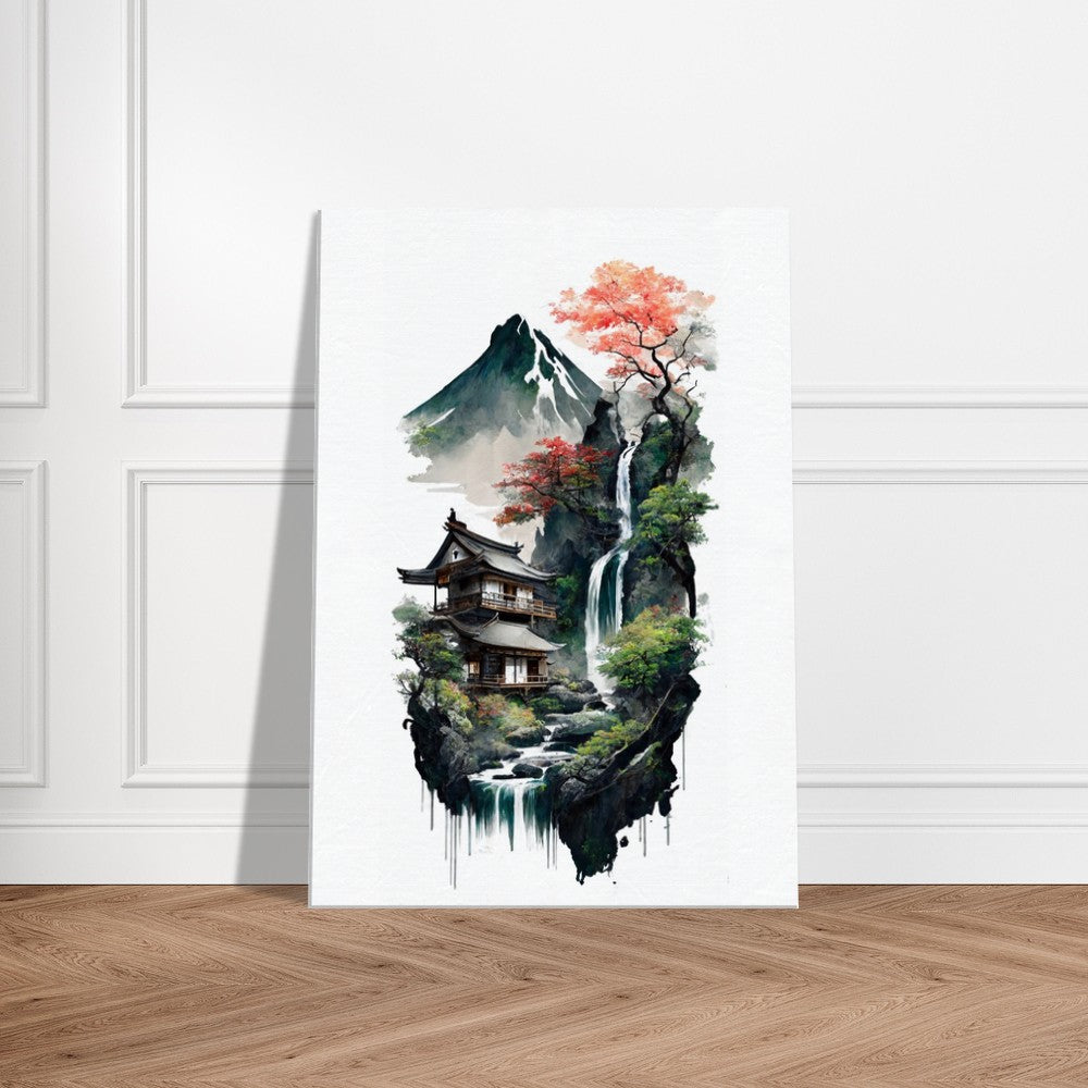 Japanese House Canvas Art: Mountain Waterfall Landscape Wall Decor