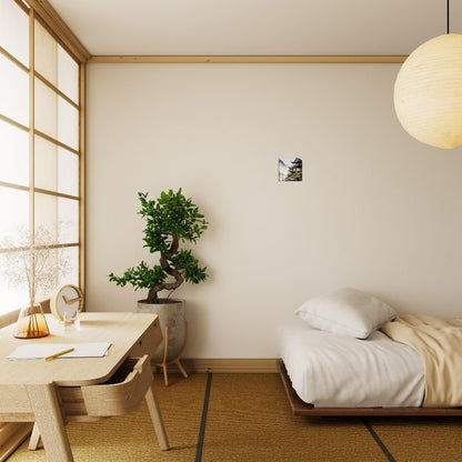 Japanese Mountain House Canvas Art: Island Waterfalls, Tranquil Lake