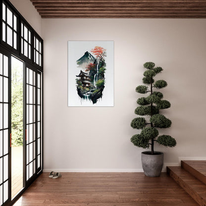 Japanese House Canvas Art: Mountain Waterfall Landscape Wall Decor