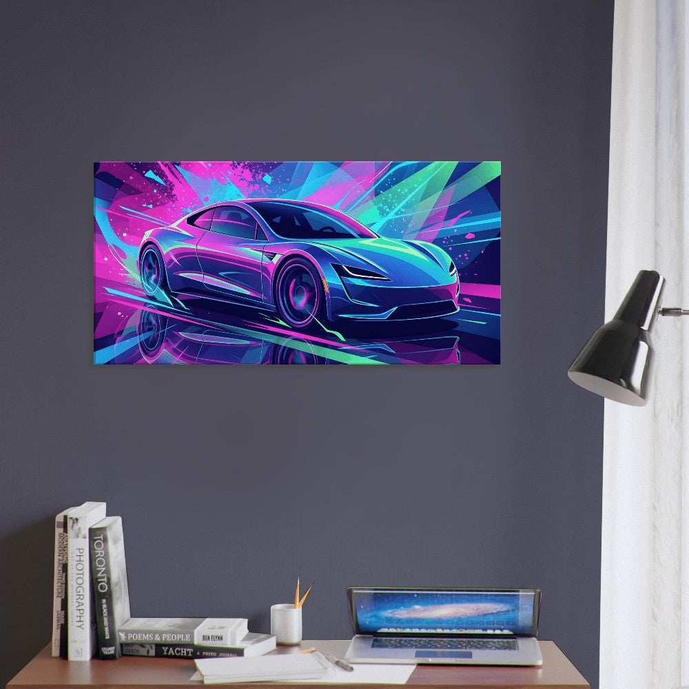 Tesla Roadster 2.0 Neon Art | Canvas Print | Wall Decor - Canvas Art