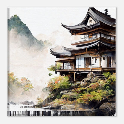 Japanese Mountain House Canvas Art: Island Waterfalls, Tranquil Lake