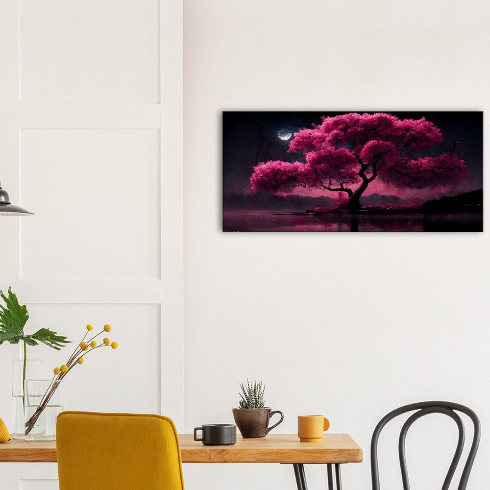 Cherry Blossom Lake Canvas: Japanese Moonlight Wall Art