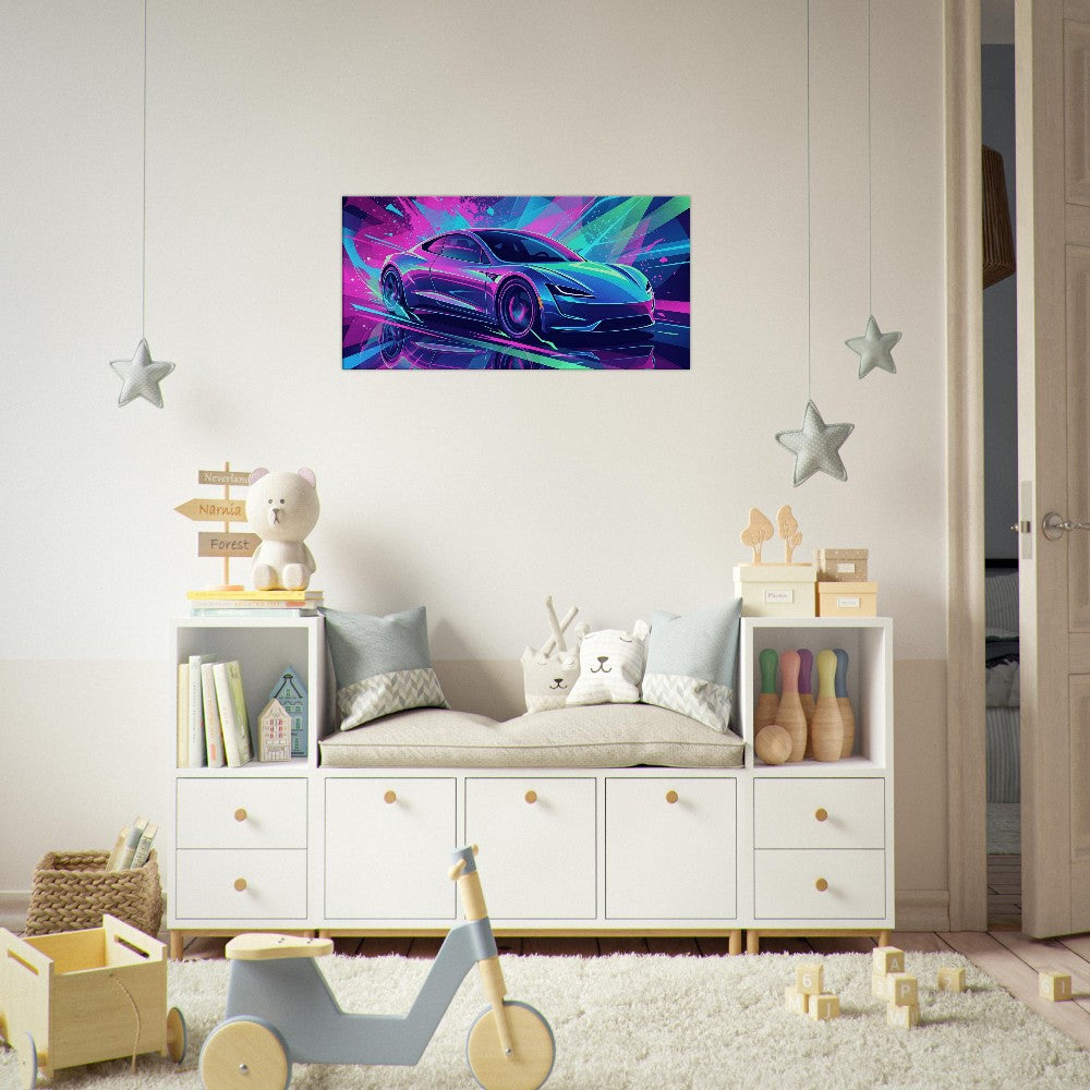 Tesla Roadster 2.0 Neon Art | Canvas Print | Wall Decor - Canvas Art