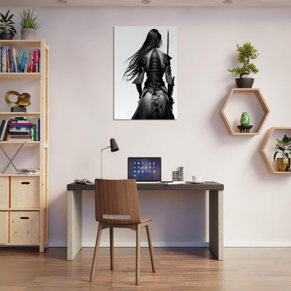 Female Samurai Canvas Art: Black & White Warrior with Sword