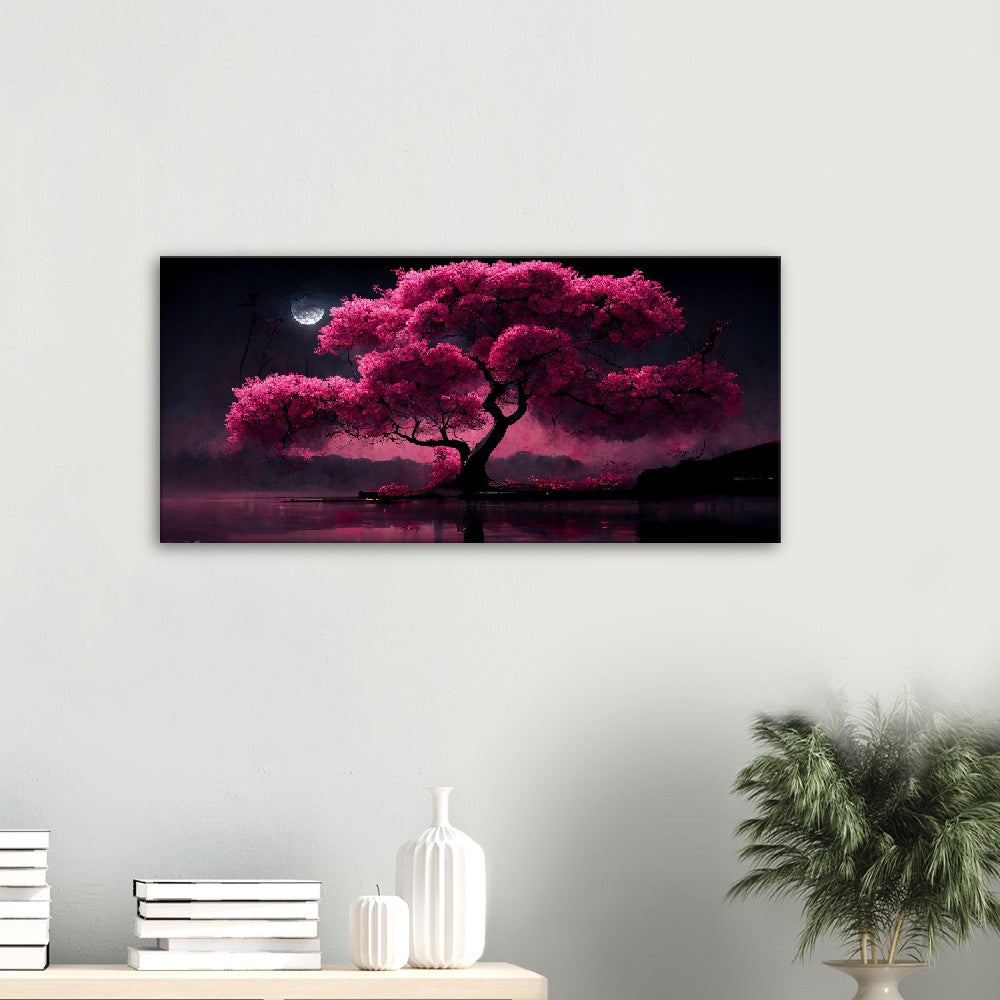 Cherry Blossom Lake Canvas: Japanese Moonlight Wall Art