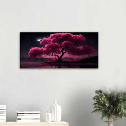 Cherry Blossom Lake Canvas: Japanese Moonlight Wall Art