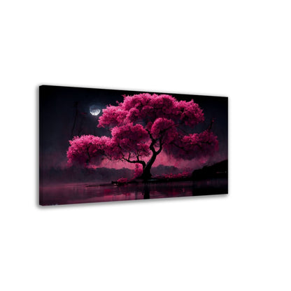 Cherry Blossom Lake Canvas: Japanese Moonlight Wall Art