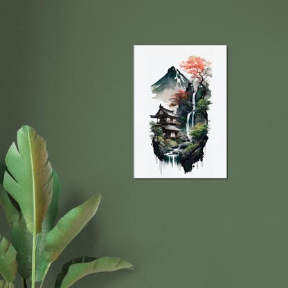 Japanese House Canvas Art: Mountain Waterfall Landscape Wall Decor