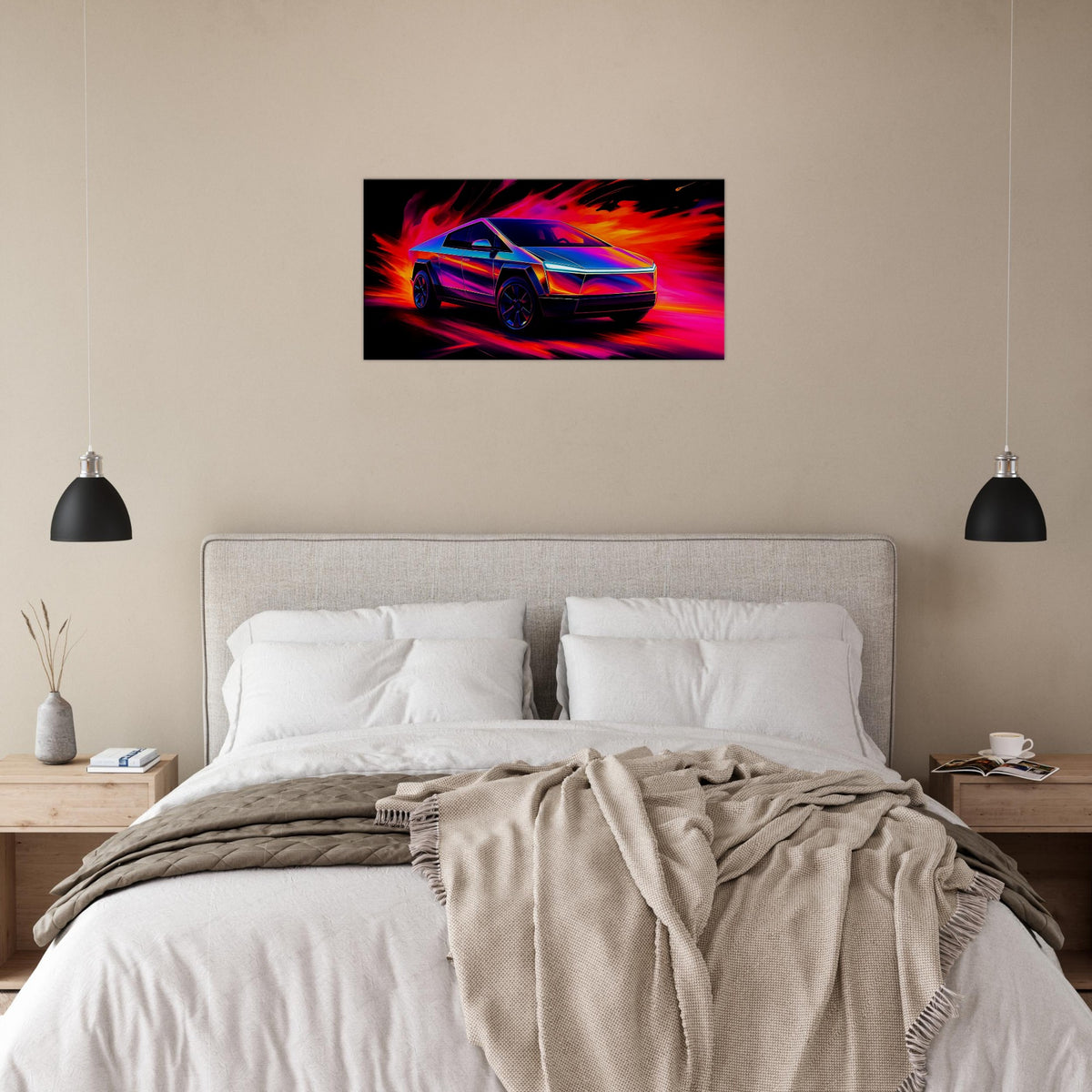 Tesla Cybertruck Abstract Canvas Art | Futuristic Neon Vehicle Decor