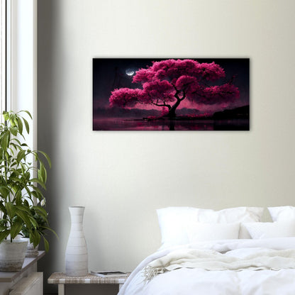 Cherry Blossom Lake Canvas: Japanese Moonlight Wall Art