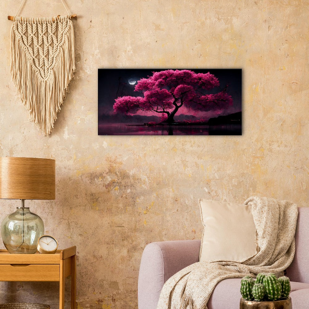 Cherry Blossom Lake Canvas: Japanese Moonlight Wall Art