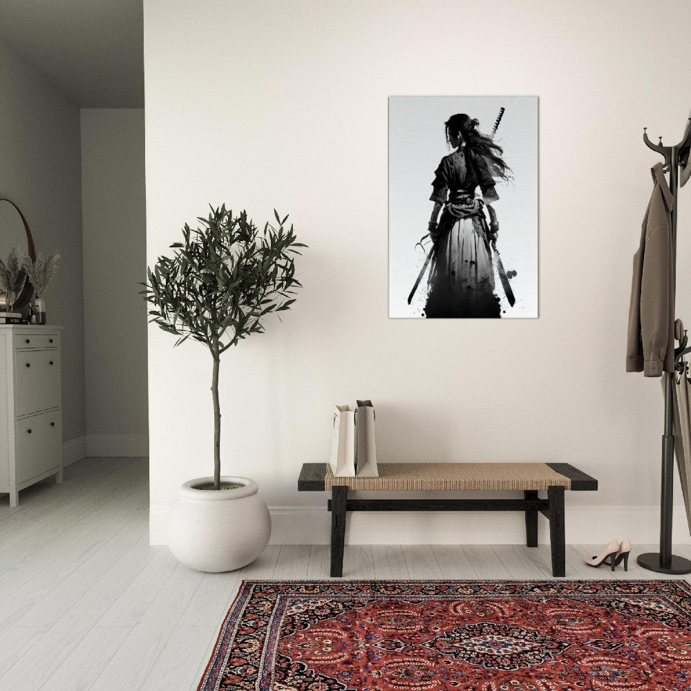 Female Samurai Canvas Art: Black and White Japanese Decor