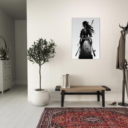Female Samurai Canvas Art: Black and White Japanese Decor