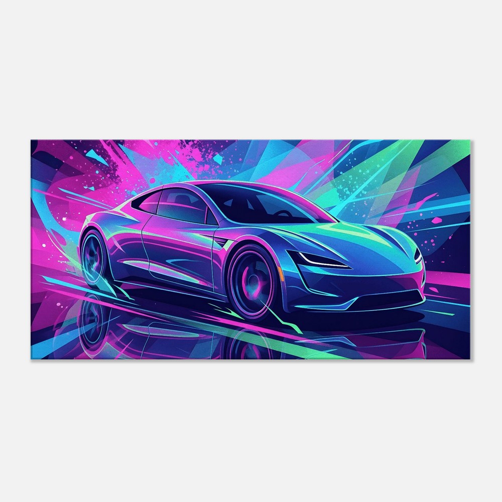 Tesla Roadster 2.0 Neon Art | Canvas Print | Wall Decor - Canvas Art