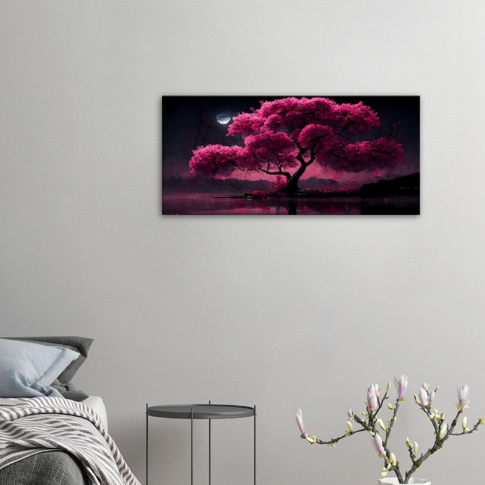 Cherry Blossom Lake Canvas: Japanese Moonlight Wall Art