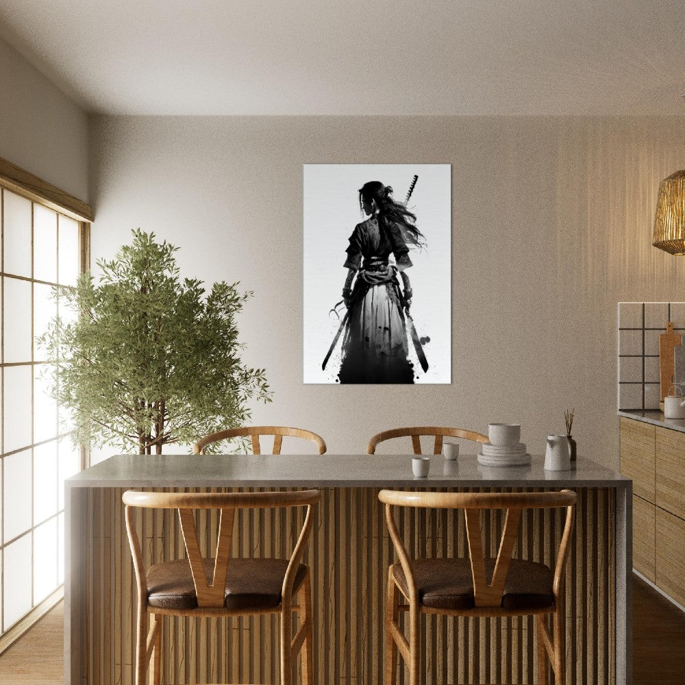 Female Samurai Canvas Art: Black and White Japanese Decor