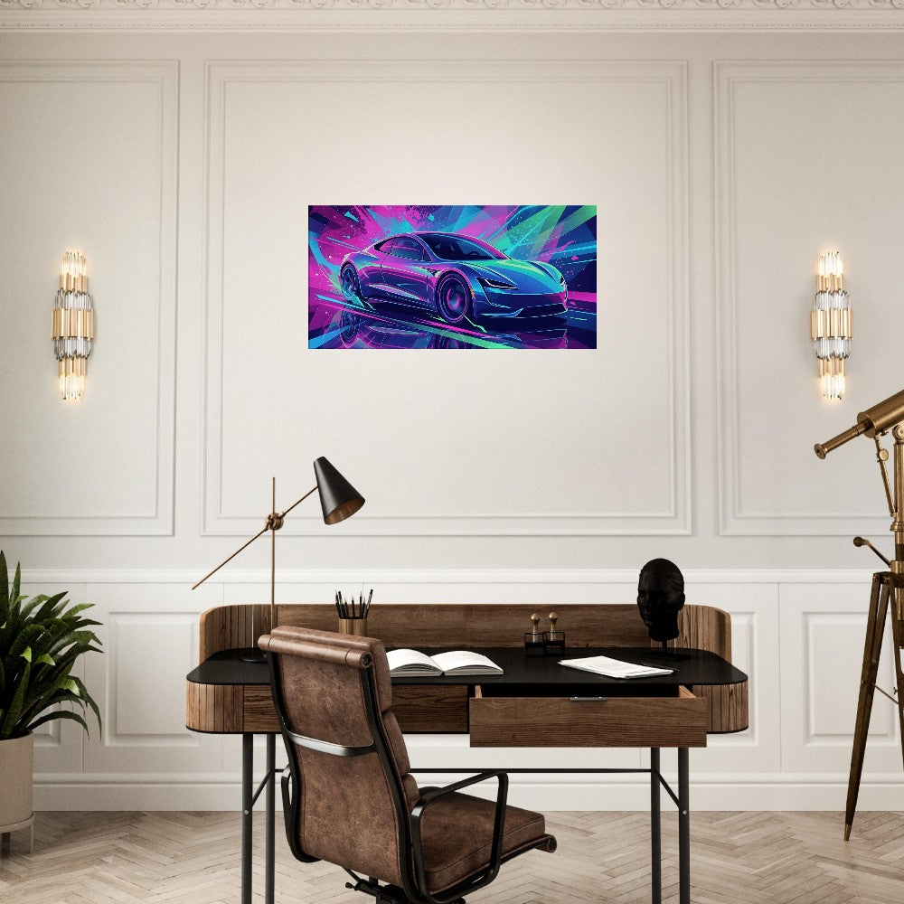 Tesla Roadster 2.0 Neon Art | Canvas Print | Wall Decor - Canvas Art