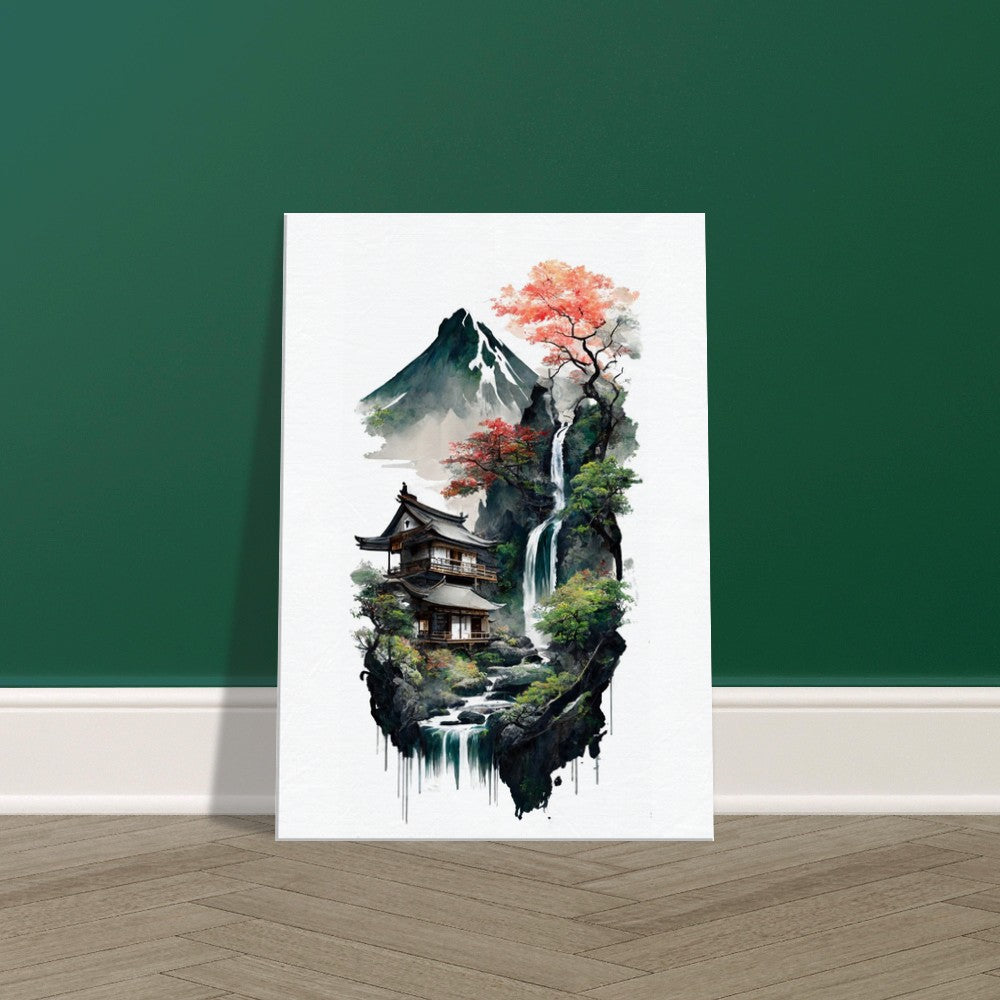 Japanese House Canvas Art: Mountain Waterfall Landscape Wall Decor