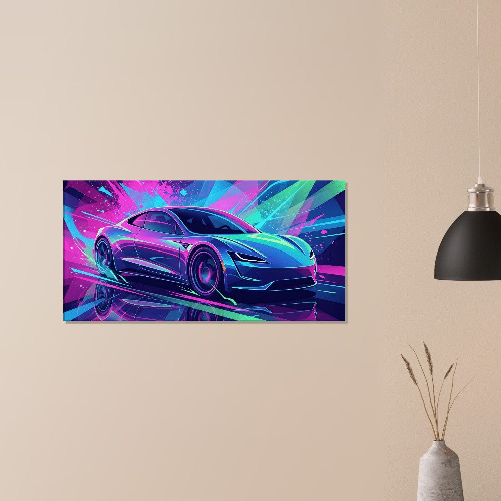 Tesla Roadster 2.0 Neon Art | Canvas Print | Wall Decor - Canvas Art
