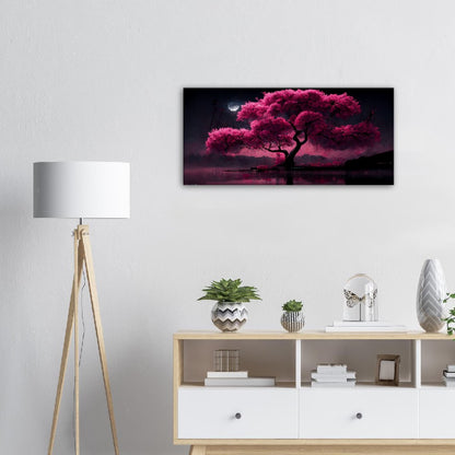 Cherry Blossom Lake Canvas: Japanese Moonlight Wall Art