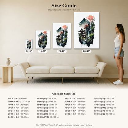 Japanese House Canvas Art: Mountain Waterfall Landscape Wall Decor