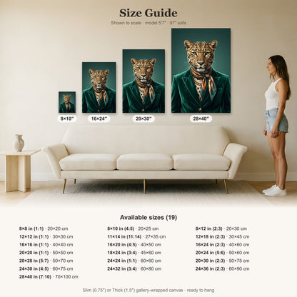 Leopard In Tailored Emerald Velvet Blazer Canvas Wall Art | Bold & Chic Decor | Animal Art, Fashion Illustration, Modern Art