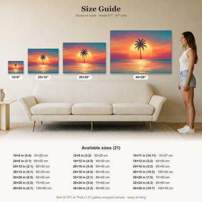 Lone Palm Tree Sunset Canvas Art | Tranquil Ocean View | Tropical Wall Art, Nature Decor, Beach Home Decor, Sunset Artwork