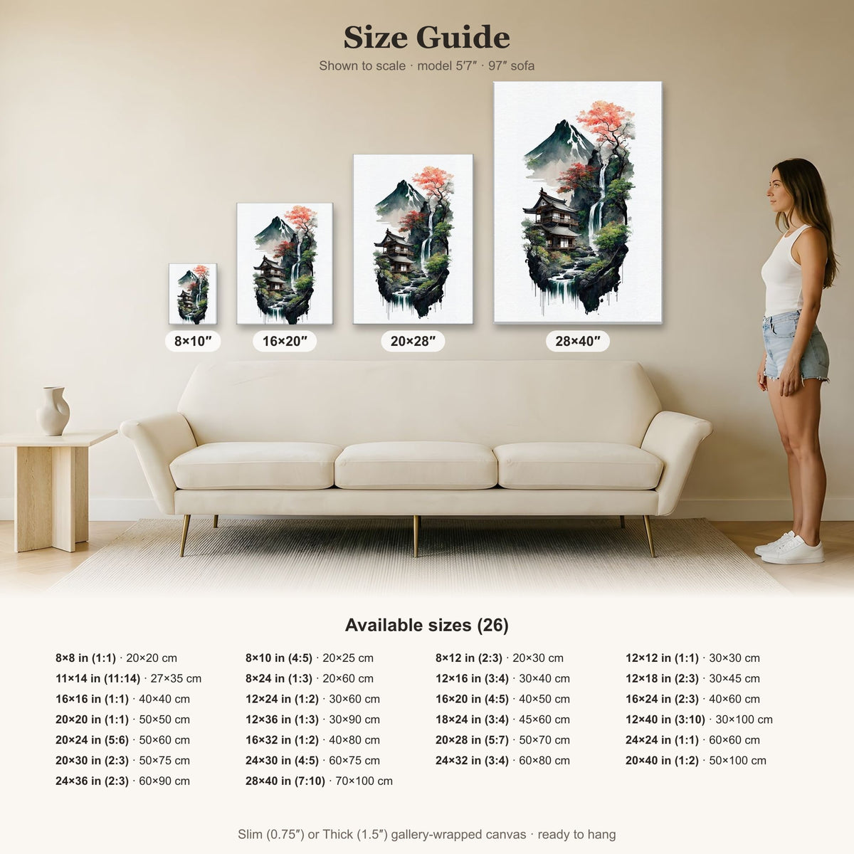Japanese House Canvas Art: Mountain Waterfall Landscape Wall Decor