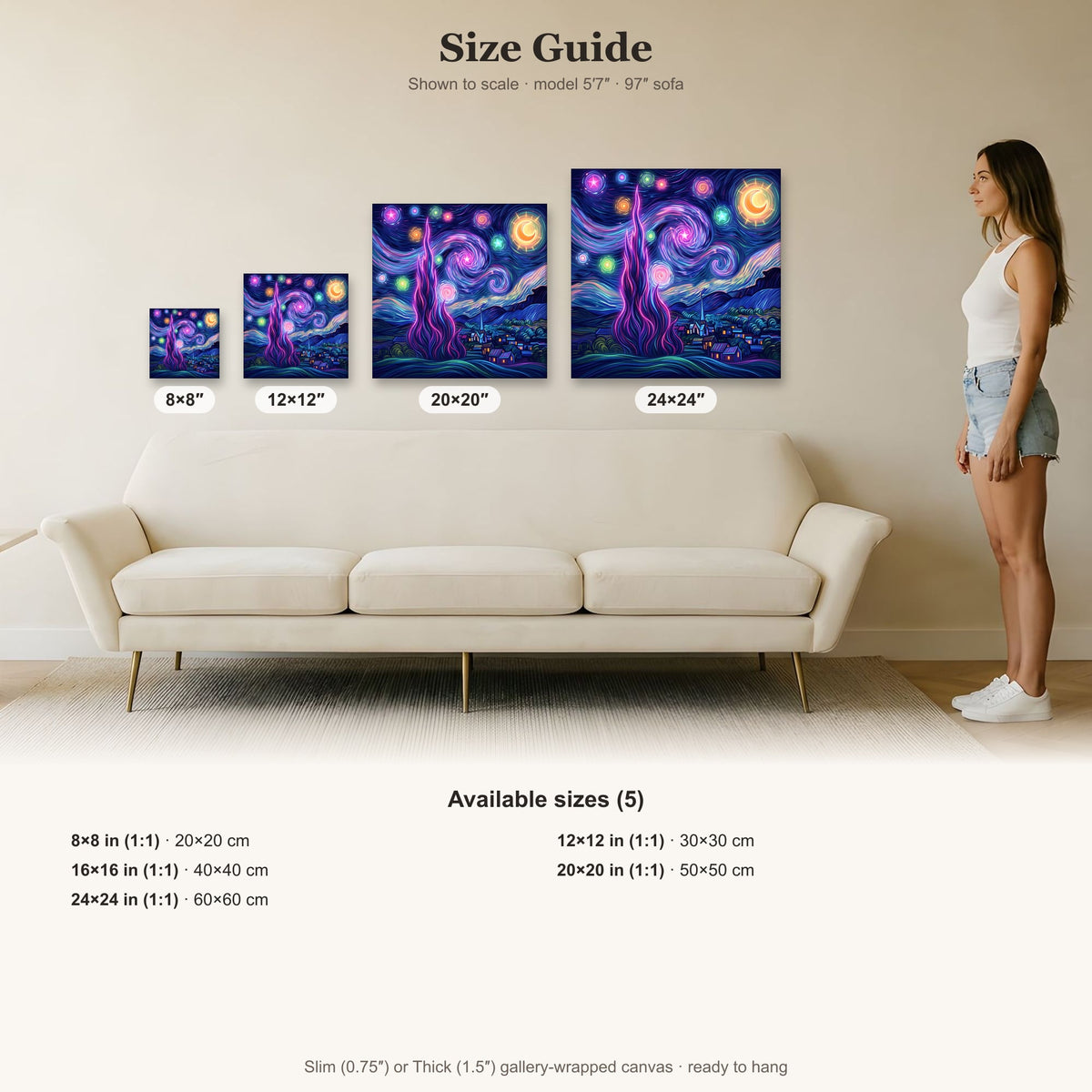 Swirling Starry Night Sky Over Sleepy Village Canvas Art | Dreamy Decor For Home | Starry Night, Village, Wall Art, Poster